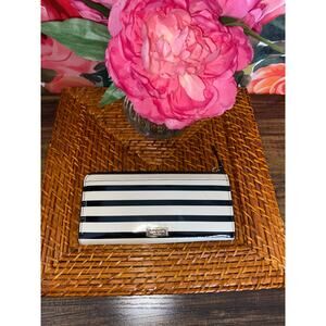 Kate Spade Nisha Chelsea Park Patent Stripe Wallet Black Cream Bow Zip Around